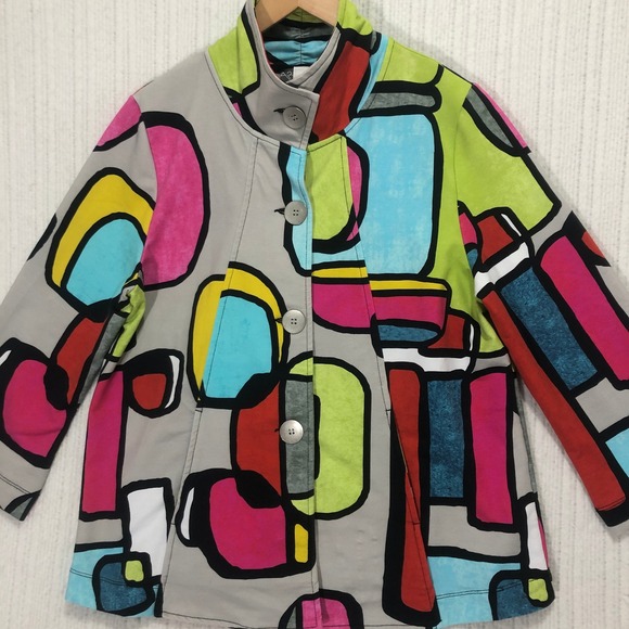 Dolcezza Art Abstract Print Button Up Jacket Funky Colorful‎ Coat Women's Size M - Picture 1 of 9